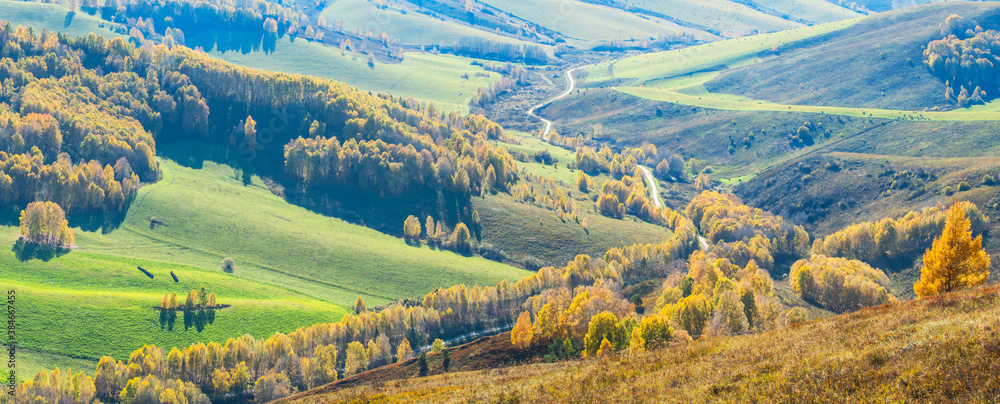 Picturesque mountain valley, countryside. Meadows and forest, autumn.