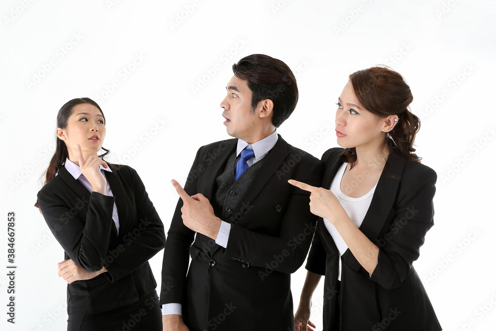 Southeast Asian young office business man woman wearing suit stand expressions talk gossip whisper on white studio background Southeast Asian young office business man woman wearing suit stand expressions talk gossip whisper on white studio background