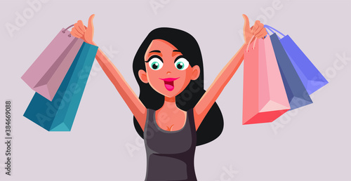 Happy Woman Holding Shopping Bags Vector Cartoon