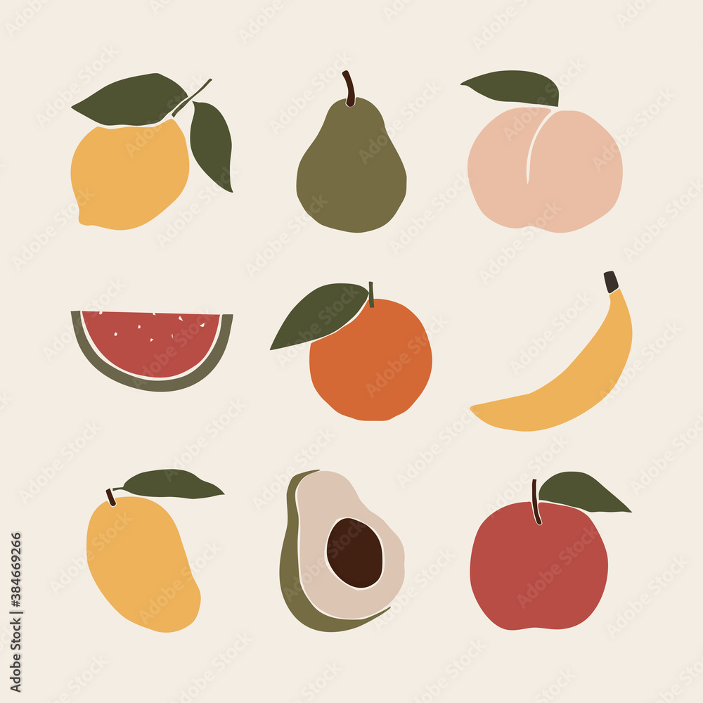 Obraz premium Abstract Fruit shapes art print elements. Minimalist Lemon, pear, peach, watermelon, orange, banana, mango, avocado and apple vector illustration.