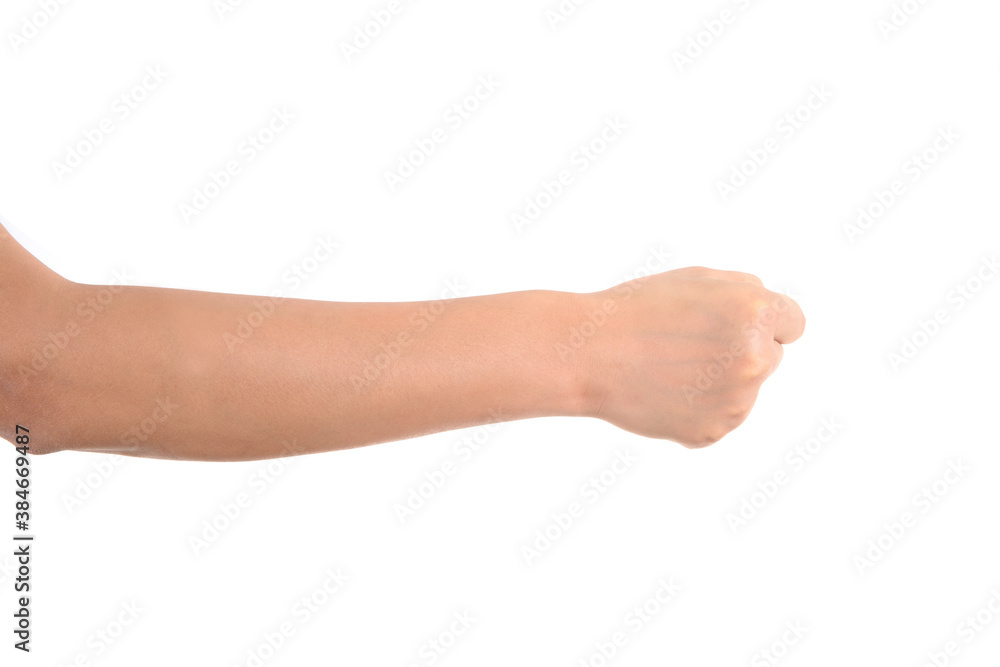 Fisted out with a hand in front of a white background