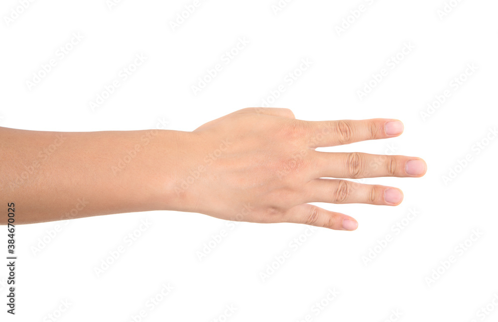 In front of white background, one hand stretches out fingers to make four gesture
