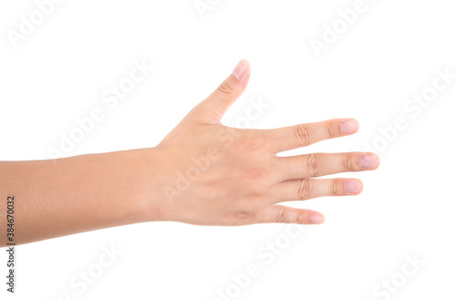 In front of white background  one hand stretches out fingers to make four gesture