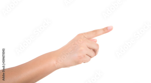 In front of a white background, a hand stretches out an index finger to make a pointing gesture