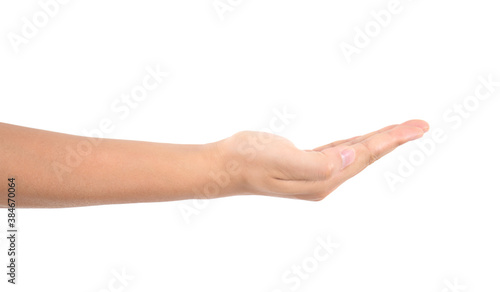One hand in front of a white background makes an upward gesture