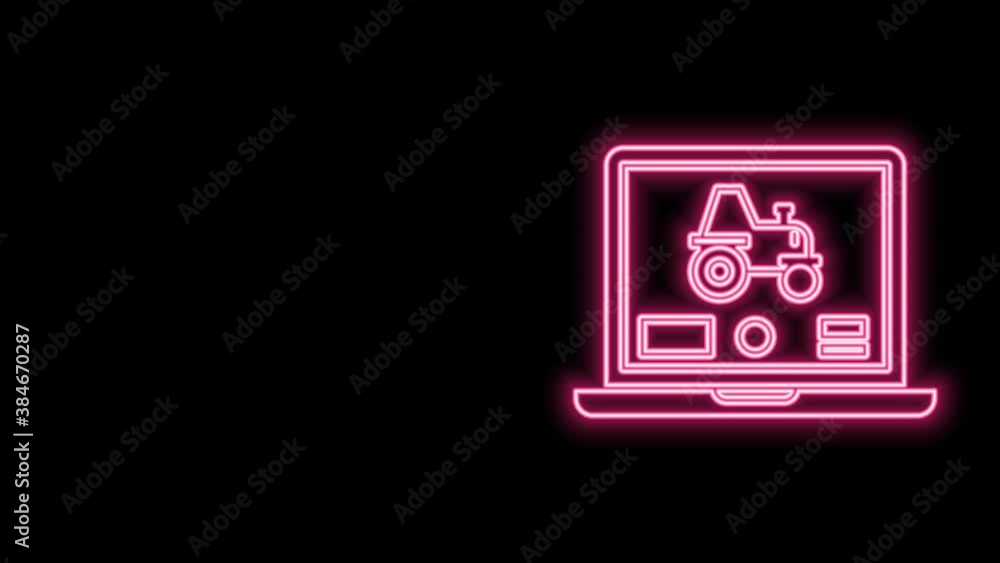 Glowing neon line Laptop application for control a autonomous tractor on a smart farm icon isolated on black background. Smart agriculture implement. 4K Video motion graphic animation Glowing neon line Laptop application for control a autonomous tractor on a smart farm icon isolated on black background. Smart agriculture implement. 4K Video motion graphic animation