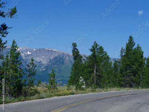 Scenic road view with pine trees and mountain ranges  at the Grand Teton National Park, Wyoming. © raksyBH