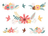 Set of  flowers and birds, vector illustration