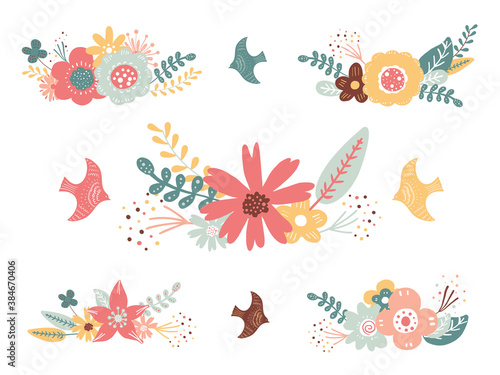 Set of flowers and birds, vector illustration