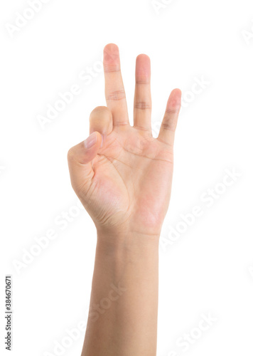 Make an OK gesture with one hand in front of a white background