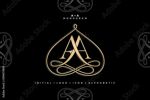 AA monogram, AA initial Wedding , Aa logo company, AA icon business and signs, 
alphabet letter with minimal symbolic infinity gold color designs for fashion, jewelry, boutique and creative templates.