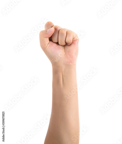 Hand with a clenched fist on white background