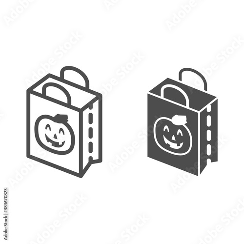 Halloween Gift Bag line and solid icon, Halloween concept, shopping bag with scary face sign on white background, package with pumpkin icon in outline style for mobile and web design. Vector graphics.