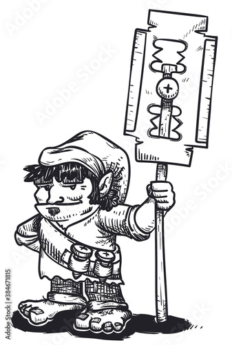 Grumpy Pixie Holding its Weapon made with a Razor Blade, Vector Illustration