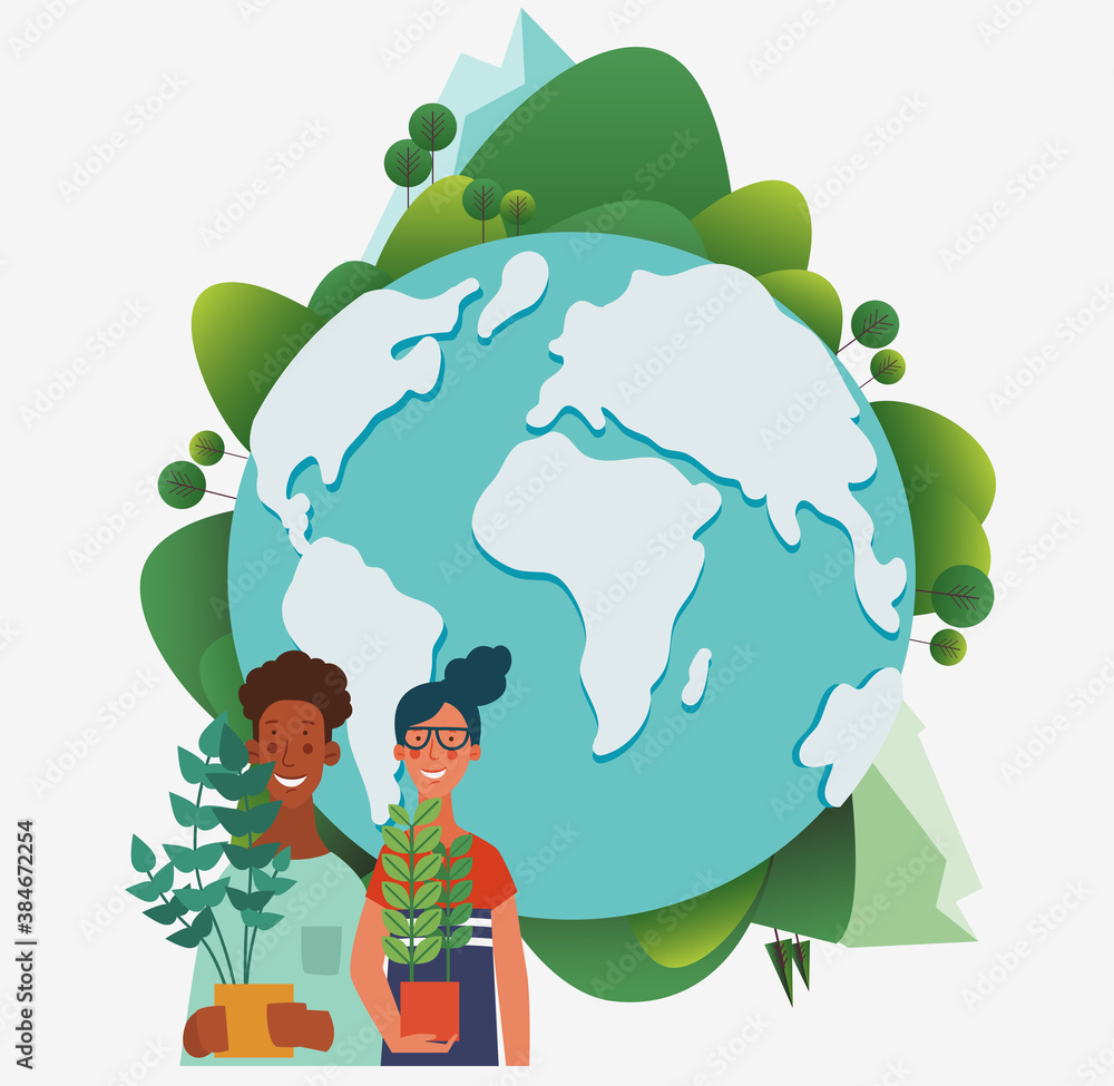 Vecteur Stock Young people holding different plants. Eco friendly