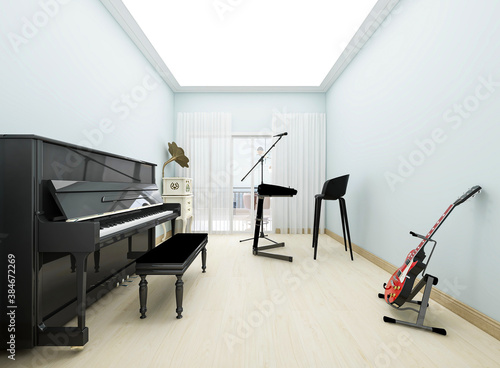 There are piano and Cello in modern piano room