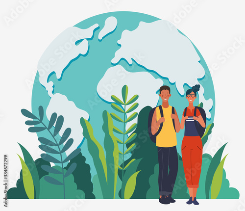 Young, smiling people with backpacks. Holiday vacation travel and adventure concept, vector illustration. Summer landscape background. Poster design style © cristinn