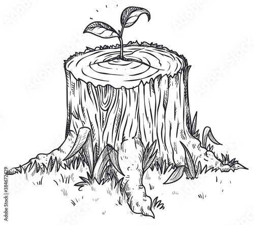 Sapling Growing in a Felled Trunk, like Hope Symbol, Vector Illustration