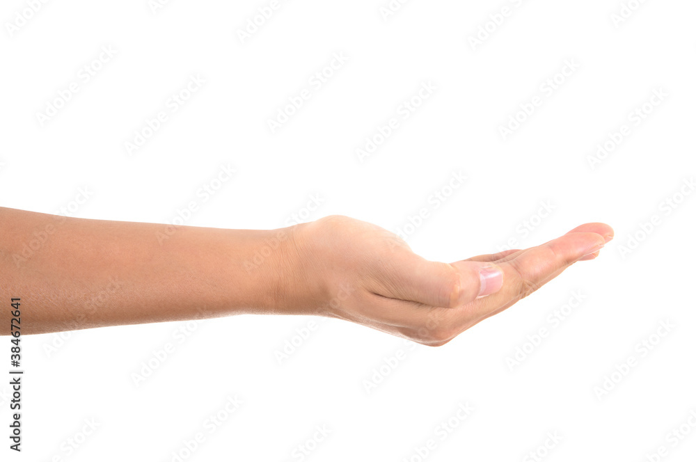 In front of a white background, one hand makes an upward gesture of picking up something In front of a white background, one hand makes an upward gesture of picking up something