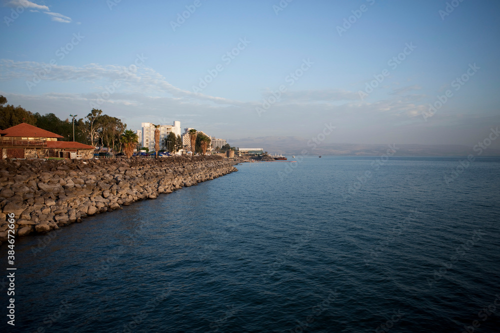 view of Tiberias on the shore of the sea of Galilee, Israel