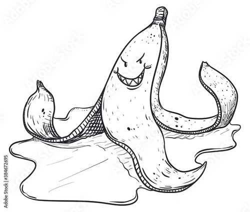 Mischievous Banana Peel over Wet Floor ready for Pranks, Vector Illustration
