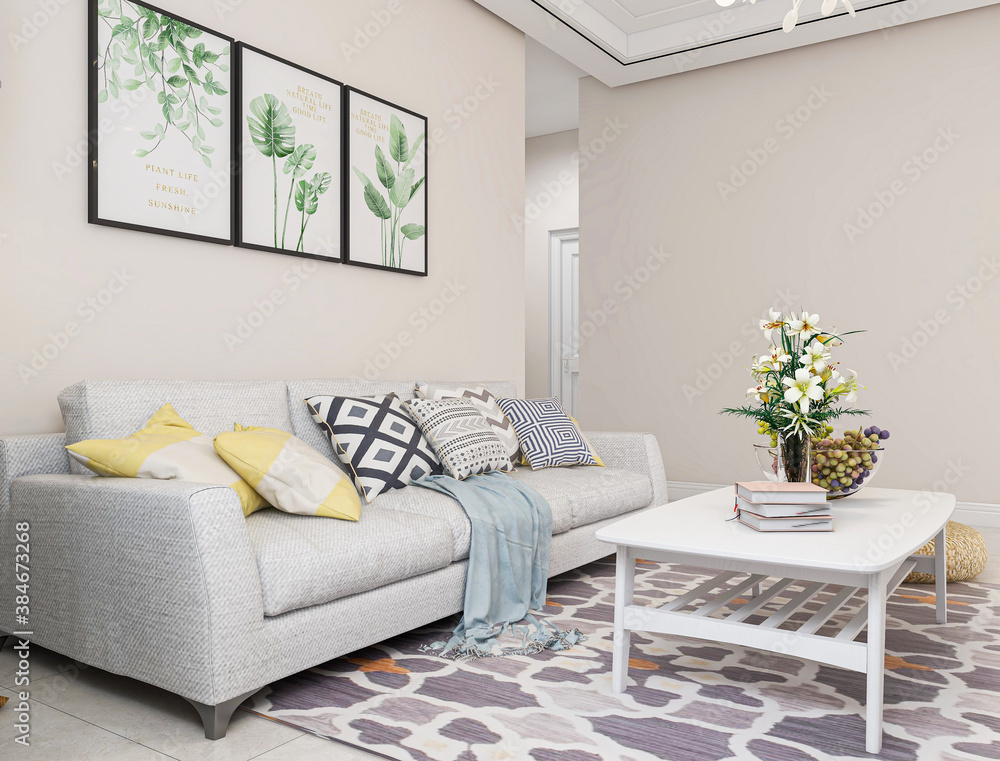 Fototapeta premium There are sofa, table and other facilities in the bright and tidy living room
