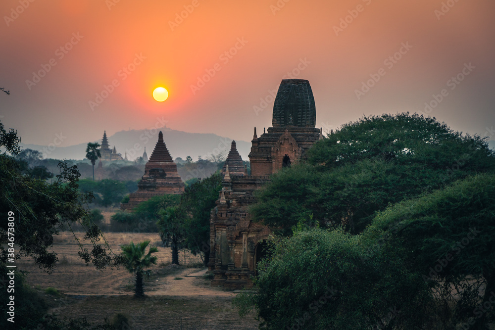 myanmar burma bagan buddhist holy pagoda at sunset