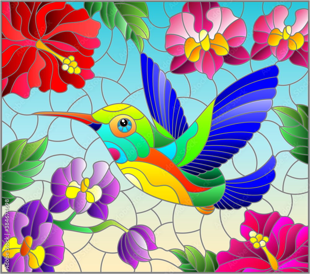 Illustration in stained glass style with a bright Hummingbird bird on the background of the sky and flowers of orchids and hibiscus