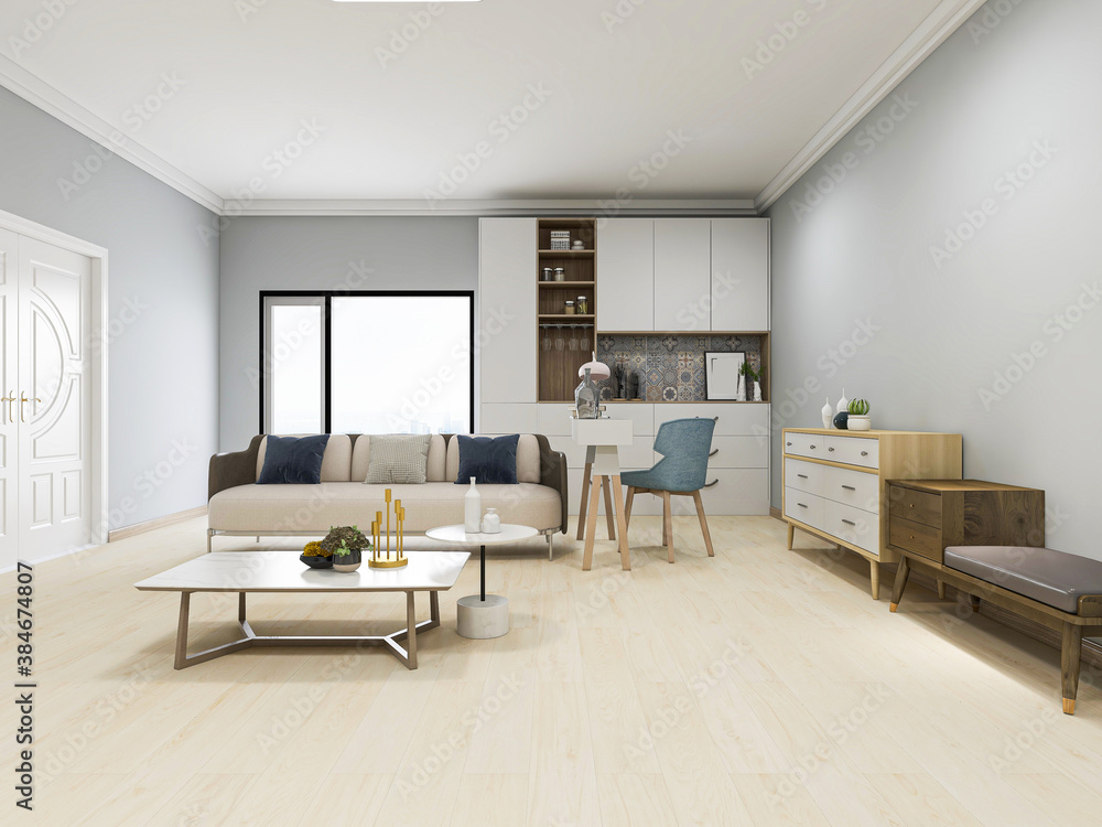 Fototapeta premium There are sofa, table and other facilities in the bright and tidy living room