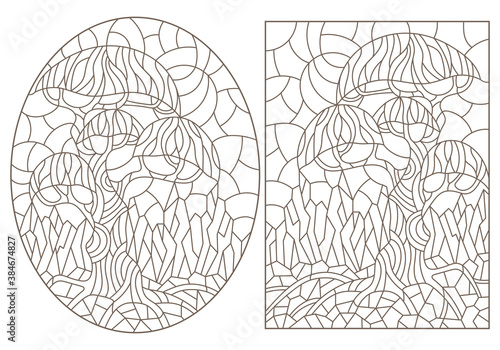 Set of contour illustrations of stained glass Windows with abstract trees, dark outlines on a white background