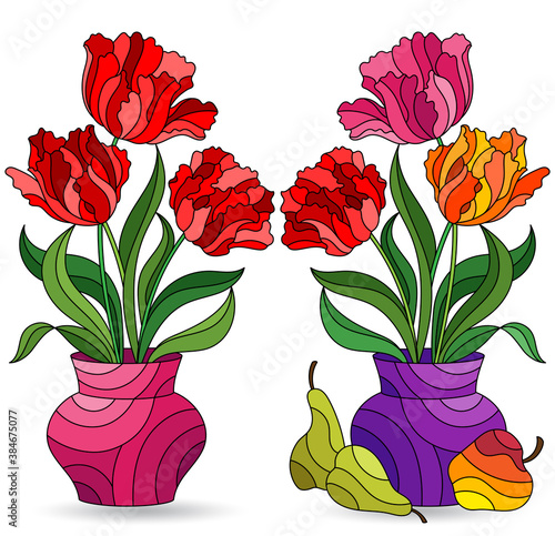 Set of illustrations in stained glass style with floral still lifes, Tulips flowers in vases isolated on a white background