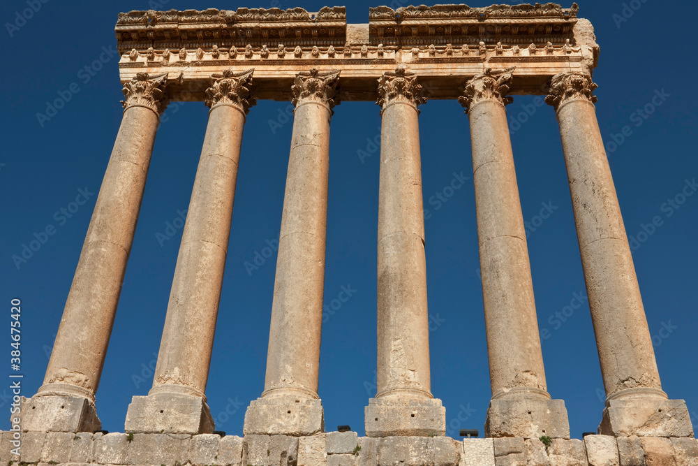 The famous six columns in Baalbek Roman Ruins, Lebanon