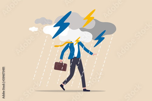 Business problem, obstacle or risk to overcome and succeed, insurance or catastrophe and disaster business day concept, depressed businessman walking with cloudy thunderstorm and rainy around his face