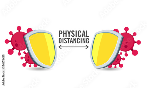 Vector illustration of a shield protecting from transmission of the Covid-19 virus. Perfect for a physical distancing campaign poster. Stop corona virus transmission by social distancing background.