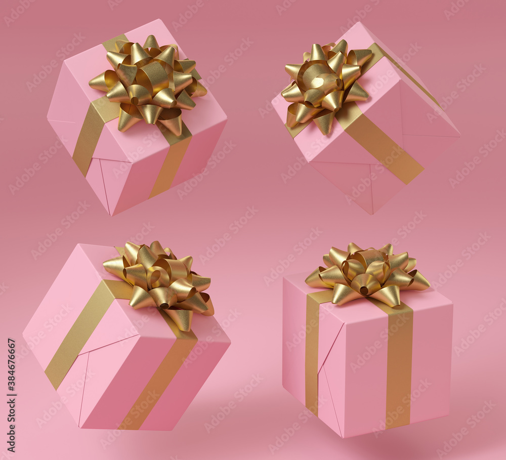 Minimal happiness object for love, wedding and valentine concept. Pink gift box with golden bow on pink background. 3d rendering illustration. Clipping path of each element included. Minimal happiness object for love, wedding and valentine concept. Pink gift box with golden bow on pink background. 3d rendering illustration. Clipping path of each element included.