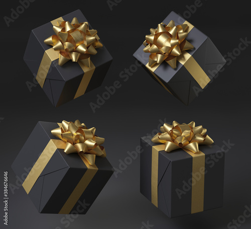 Minimal object for Black Friday and sale event concept. Black gift box with golden ribbon bow on black background. 3d rendering illustration. Clipping path of each element included. © 3DJustincase