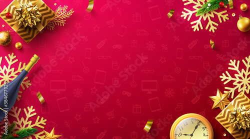 Merry Christmas and Happy New Years Red blackguard with gift box and christmas decoration elements for Retail,Shopping or Christmas Promotion in golden and red style.Vector illustration EPS10
