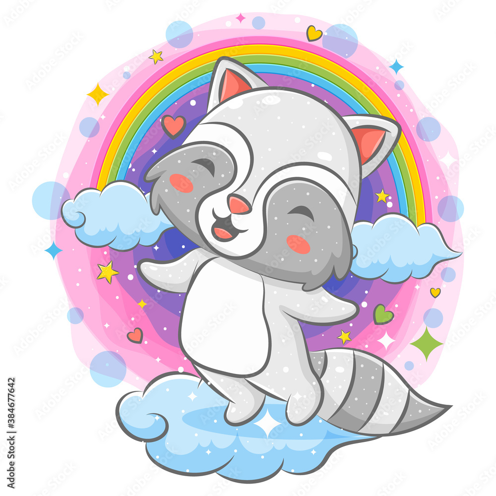 Fototapeta premium Happy raccoon playing on the cloud with rainbow background