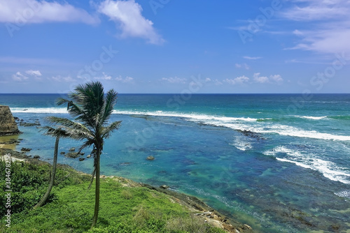 Waves with white foam on the turquoise ocean. A palm tree grows on the bank. Azure sky with picturesque clouds. Summer sunny day. Sri Lanka. Galle Fort