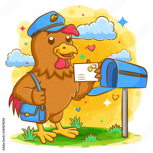 Rooster postman holding mail and bag