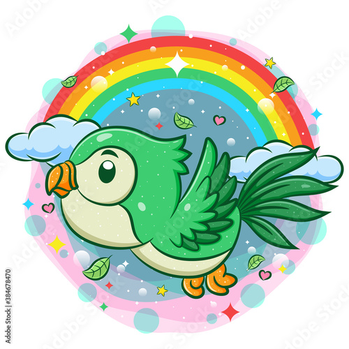 Cute green bird flying with rainbow background