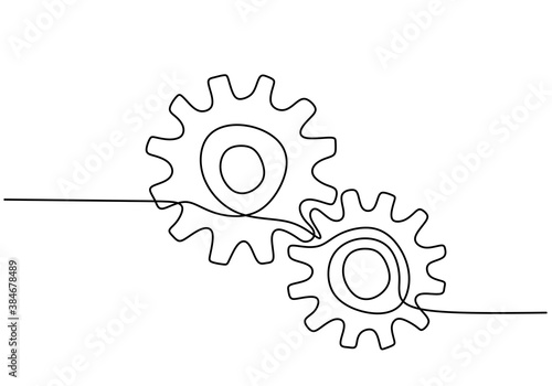 One continuous line of moving gears wheels. Three cogwheels connected. Symbol of teamwork, development. Round wheel metal symbol company logotype template for business teamwork concept