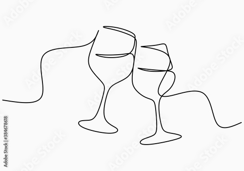 Continuous one line drawing of cheers two glasses for party celebration. Festive toast concept isolated on white background. Minimalist line art of cheering glasses of wine. Vector illustration