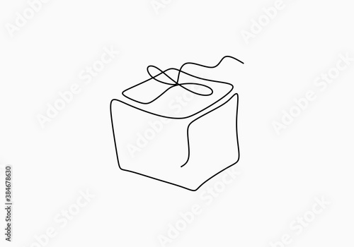 Continuous line drawing of gift box with ribbon bow. Wrapped surprise package for christmas or birthday party isolated on white background. Party and celebration concept. Vector minimalism design
