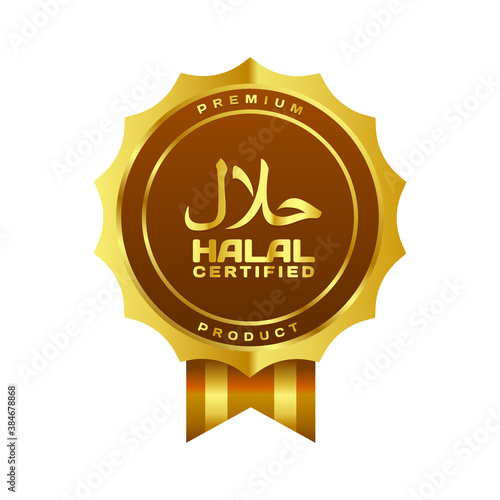 Vector golden halal-certified badges with Arabic writing and ribbon. Use for your halal product label, icon, sticker, etc