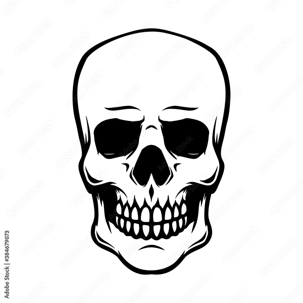 Illustration of smiling halloween skull. Design element for poster,card, banner, sign, emblem. Vector illustration