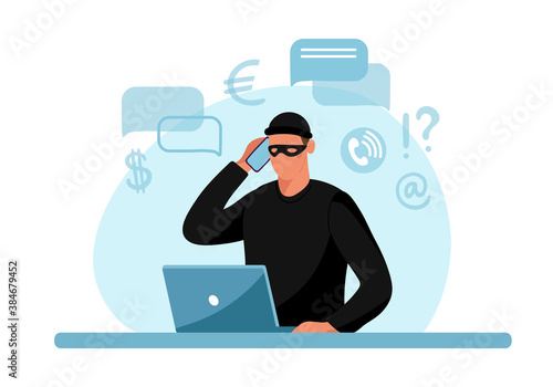 Internet phone crime. Conceptual illustration of online internet fraud, cybercrime, data hacking. Cartoon design isolated on white background. Flat vector illustration
