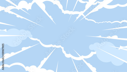 Cartoon-style clouds. Air flow in the sky. Blue fluffy heavens. The wind is high in the sky. A clear and sunny day. Comic Book-Style Clouds. Illustration of vector graphics, EPS 10.