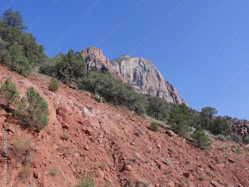 Wide ppward shot of red mountains and sandstone cliffs at Zion National Park, Utah.