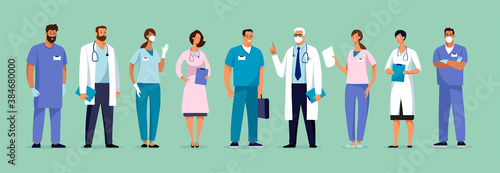 Set of male and female characters of doctors. Surgeons, doctors, nurses. Conceptual illustration, hospital medical team, poster. Vector template for design